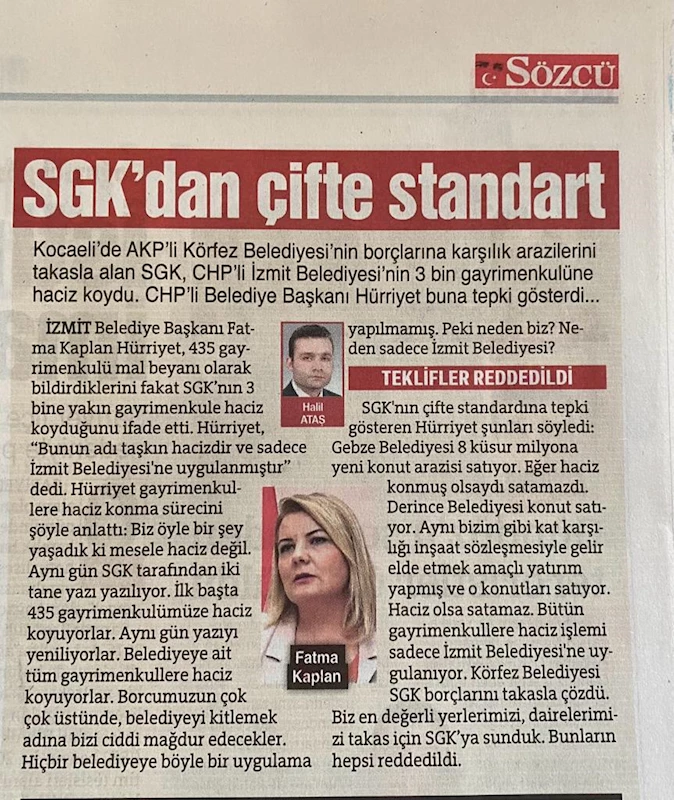 SGK’DAN İZMİT BELEDİYESİNE UYGULANAN ÇİFTE STANDART ULUSAL BASINDA