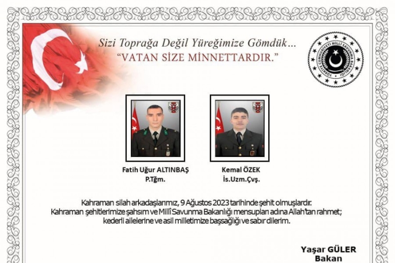 Pençe-Kilit harekatı bölgesinde şehit olan kahraman askerlerimiz Piyade Teğmen Fatih Uğur Altınbaş ve Uzman Çavuş Kemal Özek