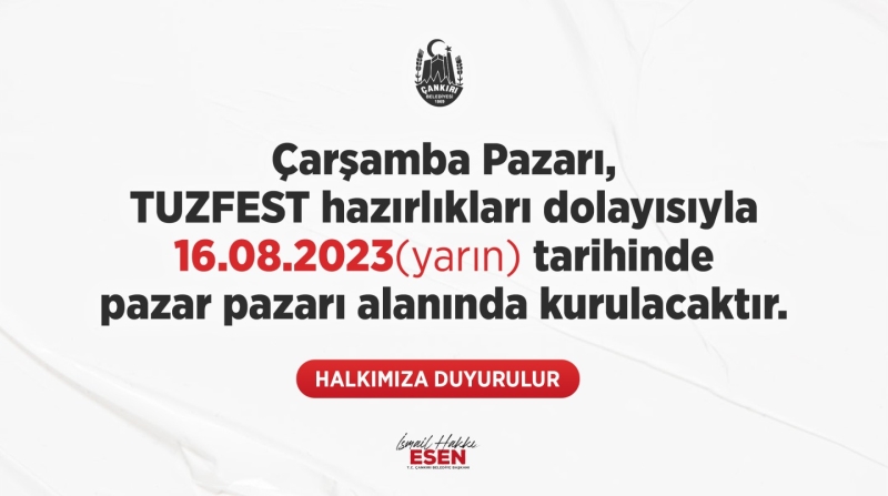 Çarşamba Pazarı Bu Hafta Pazar Pazarı Alanına Kurulacak