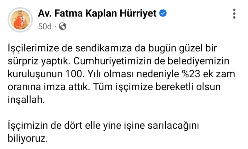 BAŞKAN HÜRRİYET: YÜZDE 23’LÜK EK ZAM TÜM İŞÇİMİZE BEREKETLİ OLSUN