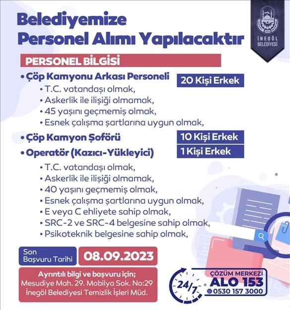 İnegöl Belediyesi 31 Personel Alacak