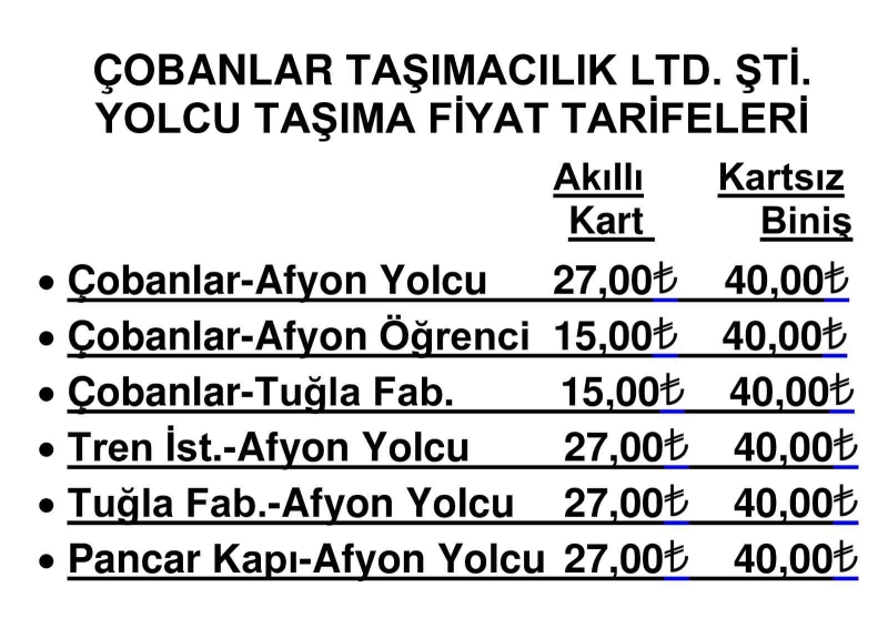 09.08.2023 Çarşamba günü itibarıyla geçerli olacak yeni yolcu taşıma fiyat tarifeleri